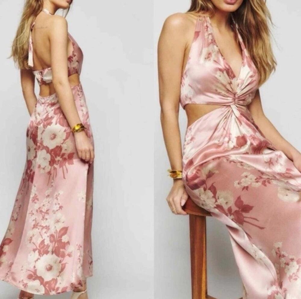 Reformation Silk Halter Dress Floral Cutout Maxi Pink Size 10